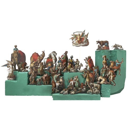 Große Papierkrippe. Süddeutsch, um 1800. Aquarell/Karton. Tw. besch. H. Figuren 8-60 cm.