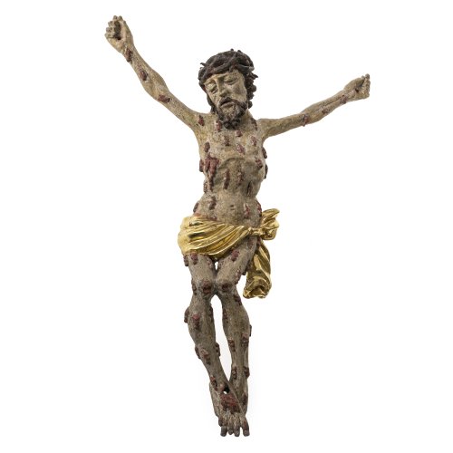 Pestchristus. Süddeutsch, 18. Jh. Holz, übergangene Fassung. Rest., H. 53, 5 cm.