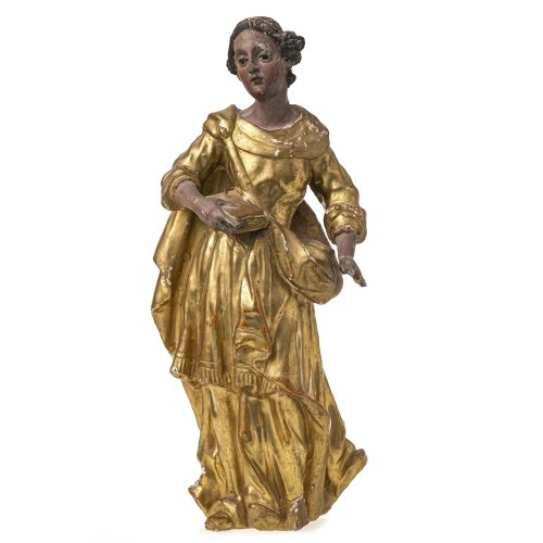 Bayern, 18. Jh. Weibliche Heilige mit Buch. Holz, übergangene Fassung. H. 42 cm. Finger fehlen.