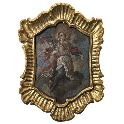 Süddeutsch, 18. Jh. Heilige mit Märtyrerpalme auf Wolken. Öl/Metall. Berieben. 20 x 13 cm. (mit Rahmen).