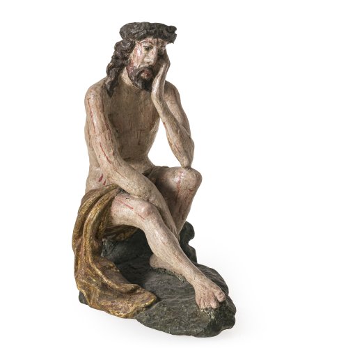 Christus in der Rast. Holz, übergangene Farbfassung. Leicht best. H. 27 cm.
