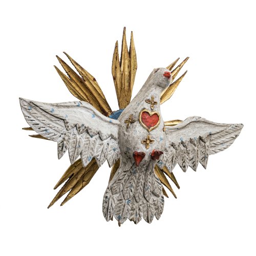 Heiliggeisttaube. Holz, farbig und goldfarben gefasst, mit Strahlenkranz. ø 30 cm.