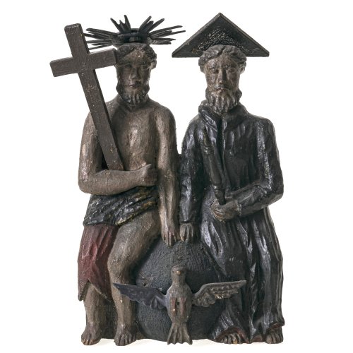 Heilige Dreifaltigkeit. Wohl Böhmen. Holz, rückseitig geflacht, Farbfassung. Alterungsspuren, besch. H. 39 cm.