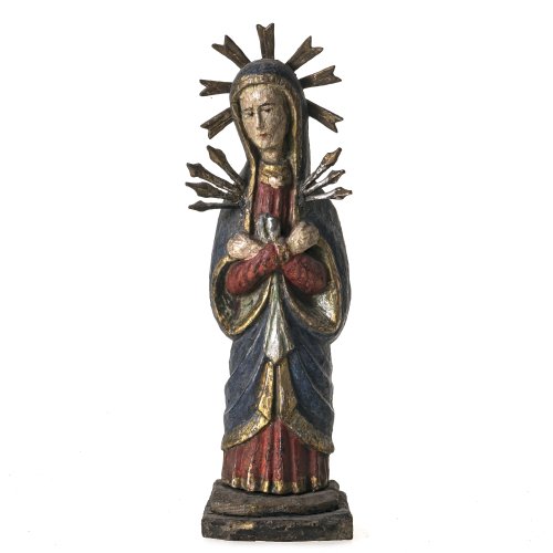 Maria der Schmerzen. Süddeutsch. Holz, übergangene Farbfassung. Besch. H. 38 cm.