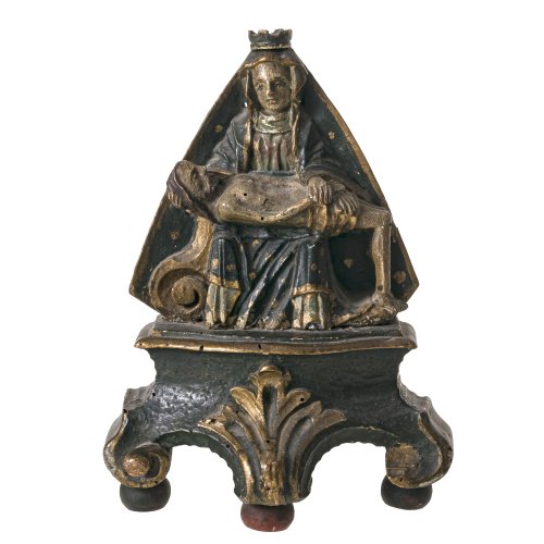 Pietà. Holz, farbig gefasst. Auf Volutensockel. Alterungsspuren. H. 17 cm.