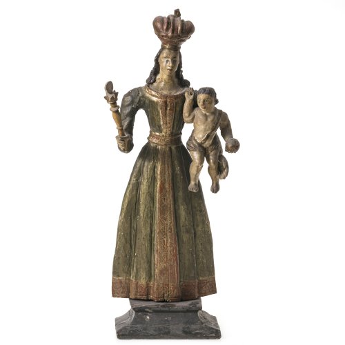 Gnadenmaria mit Kind. Niederbayern. Holz, übergangene Farb- und Goldfassung. Besch., rest. H. 47 cm.