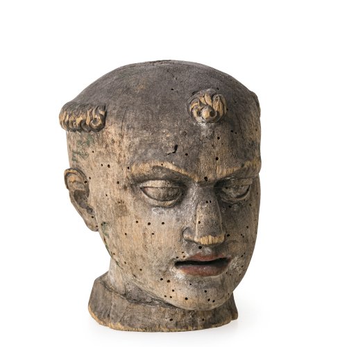 Mönchskopf (wohl hl. Franziskus). Holz, partielle Bemalung.  Besch. H. 15 cm.