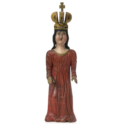 Gnadenmaria. Bayern/Böhmen. Holz,  übergangene Farbfassung. Besch., Füße und einige Ziersteine der Krone fehlen, Hände erg. H. 61 cm.