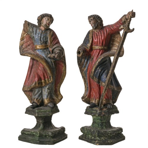 Zwei Apostel. Bayern. Holz, Farbfassung. Besch., Teile fehlen. H. je 21 cm.