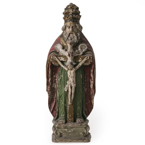 Gnadenbild von Sonntagberg. Österreich. Ton, farbig bemalt. Heilige Dreifaltigkeit. Besch. H. 28 cm.