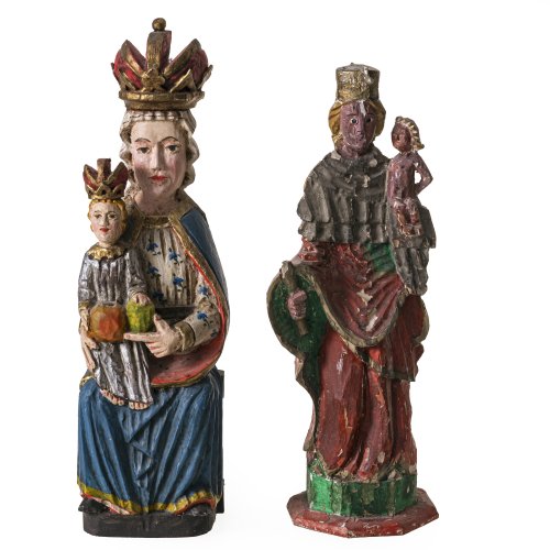 Zwei Gnadenbilder: Maria Zell bzw. Heilig Blut. Österreich. Holz, Farbfassung.  Eines besch., rest. H. 30-34,5 cm.