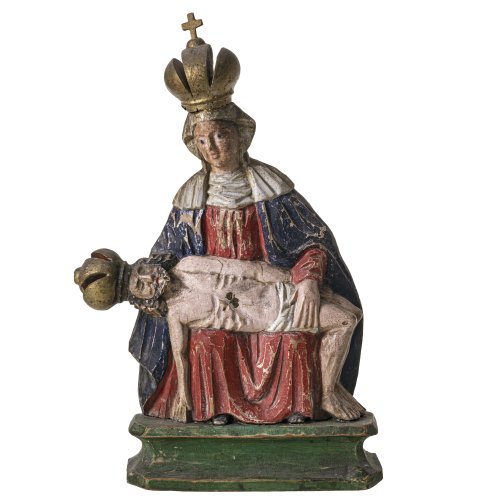 Pietà-Gnadenbild. Böhmen. Holz, Farbfassung. Besch. H. 35 cm.