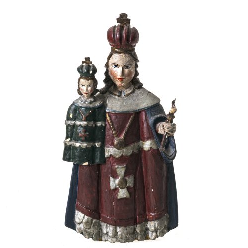 Gnadenbild der Maria mit Kind. Böhmen. Holz, übergangene Farbfassung. Besch., Sockel fehlt. H. 33 cm.