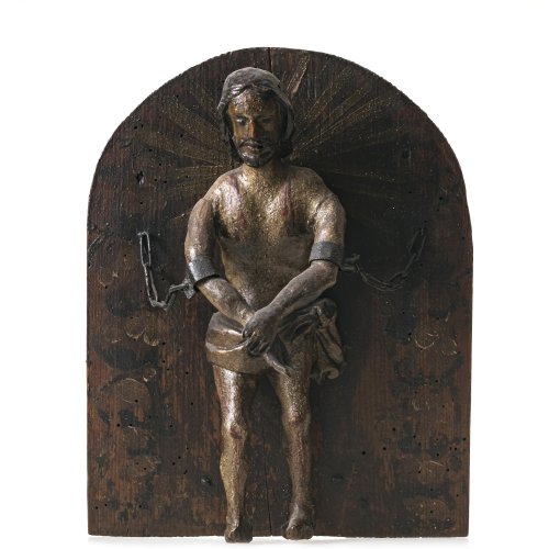 Christus im Kerker. Holz, Farbfassung. Besch. H. 28 cm.