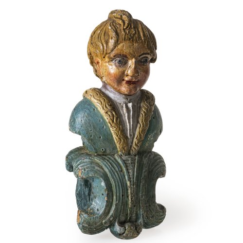 Knabenbüste. Holz, Farbfassung. Besch., rep. H. 32 cm.