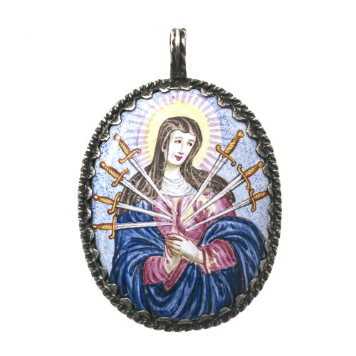 Emailanhänger. Mit Mater dolorosa bzw. hl. Theresa von Avila. Tragespuren. L. 5 cm.