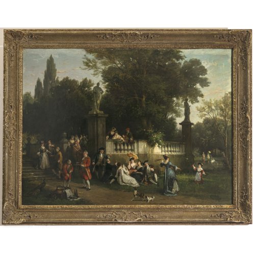 Hagn, Ludwig (Louis) von. Gesellschaft im Park. Öl/Lw. 98 x 131 cm. Leicht besch., rest., doubl. Sign.