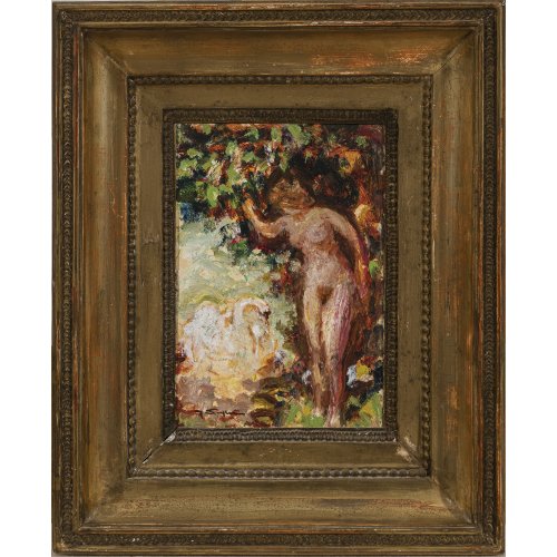 Seyler, Julius. Leda mit dem Schwan. Öl/Karton. 23 x 16,5 cm. Sign.