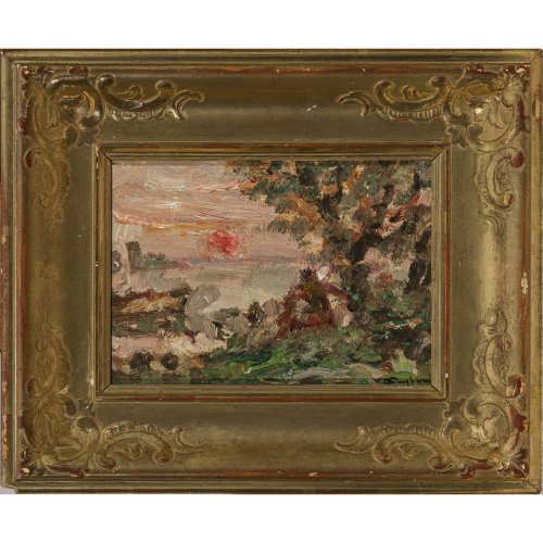 Seyler, Julius. Paar vor Sonnenuntergang. Öl/Hartfaser. 11,5 x 16 cm. Sign.