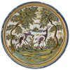 Talavera tazza. Spanien, Talavera de la Reina, 17./18. Jh. Schale auf Sockel, Keramik/Majolika. Zinnglasur mit stilisierten Rehen. ø 35,5 cm, H. ca. 6,5 cm. Best., Riss.