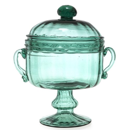 Bonboniere als Pokal gefertigt. Grünes Glas, Murano. Mit aufgeschmolzenen Henkeln.  H. ca. 27,5 cm. Deckelknauf best. Minim. besch. auf der Unterseite.