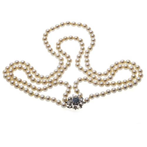 Perlenkette, doppelläufig, Goldschließe mit Saphirbesatz.