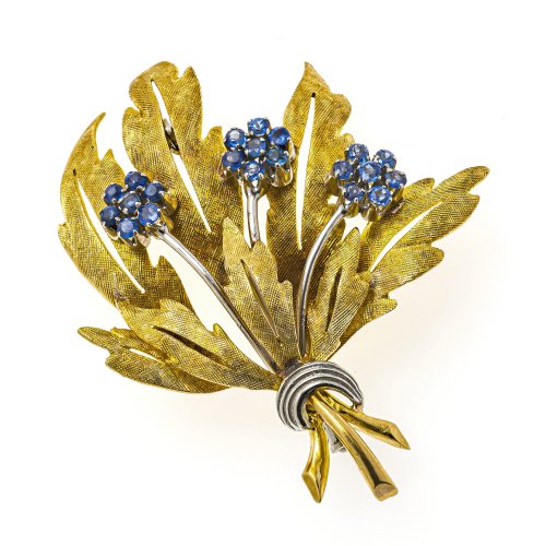 Brosche in Form eines Blumensträußchens. Gold, Saphirbesatz.