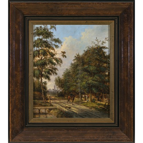 Bakhuijzen van de Sande, Julius Jacobus. Niederländische Alltagsszenerie mit einem Boten auf Pferd. Öl/Holz. 39,5 x 32,5 cm. Sign. Alterungsspuren.