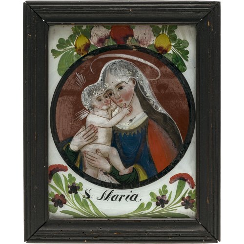 Hinterglasbild. 19. Jh., Oberammergau. Maria Hilf. Tempera/Glas. 24 x 18,5 cm. Farbablösungen.