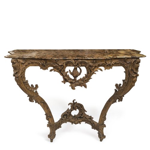 Konsole. Deutsch. Eiche, geschnitzt, Marmorplatte. Rest.