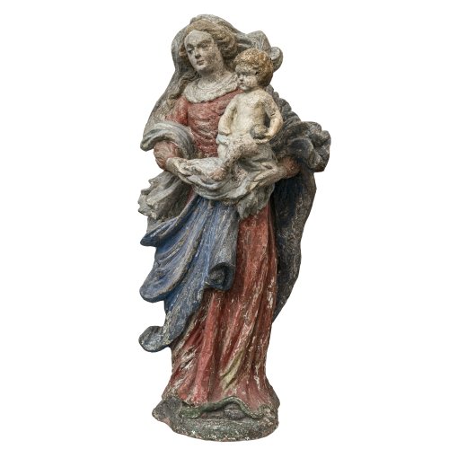 Maria mit dem Jesuskind. Süddeutschland, 18. Jh. Sandstein, übergangene farbige Bemalung. Besch., rest., erg. H. 97 cm.