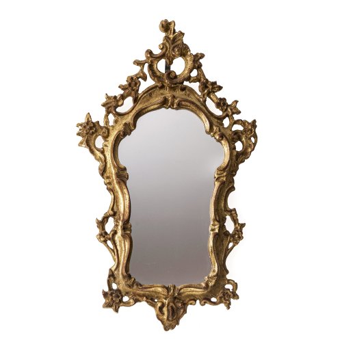 Wandspiegel. Italien, 19./20. Jh. Holz, geschitzter Rahmen im Stil des Rokoko, vergoldet. 72 x 43 cm. Spiegelglas neu. Alterungsspuren.