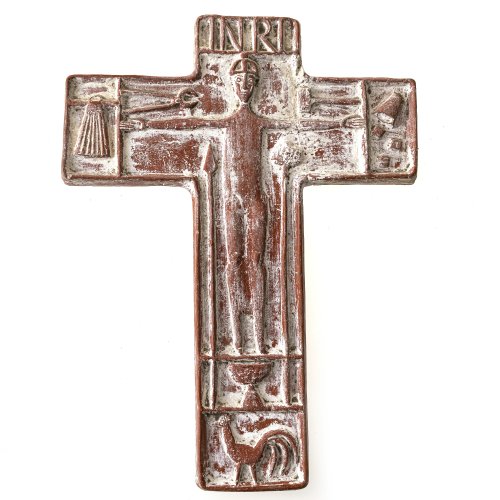 Reidel, Karl. Rötlicher Ton, Darstellung des Gekreuzigten. 33,5 x 25,3 cm. Minim. Alterungsspuren.