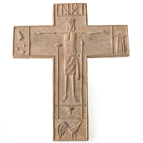 Reidel, Karl. Ton, Darstellung des Gekreuzigten als Flachrelief. 39,8 x 34,2 cm. Minim. Gebrauchsspuren.