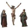 Kreuzigungsgruppe. Süddt., Ende 19. Jh. Holz geschnitzt. Corpus Christi mit Assistenzfiguren Maria und Apostel Johannes. Übergangene Farbfassung. H. ca. 17-22 cm. Alterungsspuren, best.