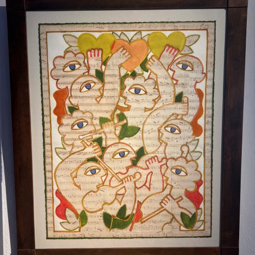 Schneider, Herbert. Zeit der Lieder. Aquarell/Collage. 69 x 54 cm. Sign., dat. 87.