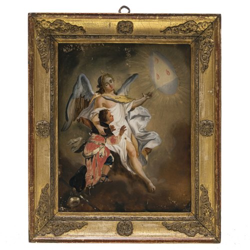 Hinterglasbild. Süddt., 18./19. Jh. Darstellung eines Schutzengels mit Kind. Tempera/Glas. 23,5 x 18,5 cm. Farbablösungen.