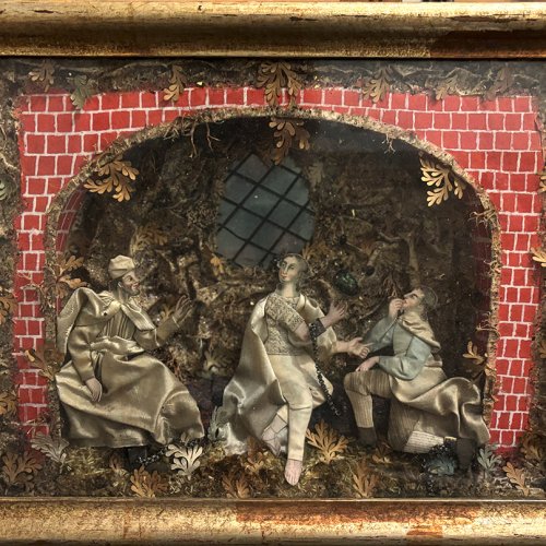 Kulissenbild. Bayern, 18. Jh. Kerkerszene. 30,5 x 39 cm. Stoff, Krüll, Glitter.