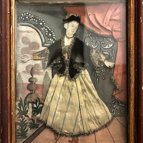 Zwei Collagenbilder. Tänzer und Tänzerin. Deutsch, 18./19. Jh. Stoff, Papier aquarelliert. Je 32 x 25 cm. Gebrauchsspuren.