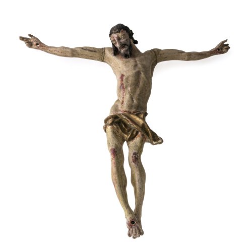 Corpus Christi.  Bayern, 18. Jh. Übergangene Fassung, H. 61 cm. Best., rep. Finger fehlen.