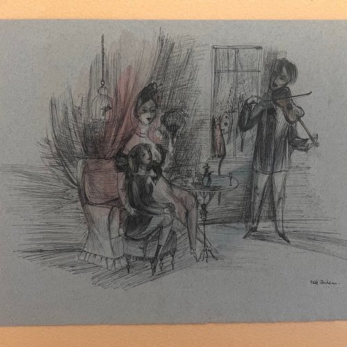 Bachem, Bele. Der Geiger. Tuschzeichnung. 20 x 27 cm. Sign.