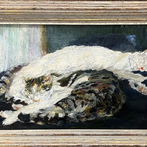 Wimmer, Paula. Zwei schlafende Katzen. Öl/Lw. 34,5 x 51,5 cm. Sign., rücks. Nachlassstempel.