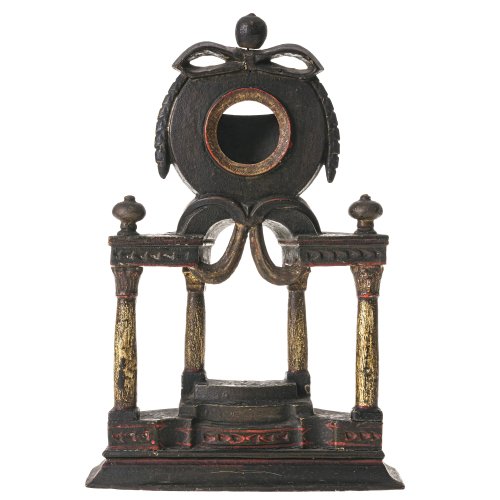Taschenuhrenständer. 1. H. 19. Jh. Holz, geschnitzt, farbige Bemalung. Klassizistischer Architekturaufbau mit vier Säulen und Festons. Minim. besch. H. ca. 29,5 cm.