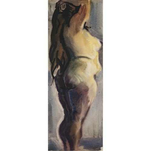 Querner, Curt. Stehender weiblicher Akt. Aquarell. 71,5 x 25,5 cm. Monogr., dat. 9.12.6(5?).