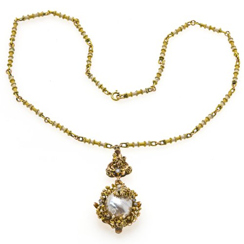 Kette mit Perlenanhänger, filigran gearbeitet, tw. emailliert, Diamantbesatz. Email besch.