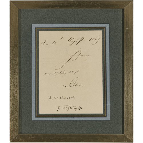 19./20. Jh. Blatt aus dem Gästebuch der Firma C. A. Preibisch in Reichenau, Sachsen. Mit den Original-Signaturen der Sächsischen Könige Johann (1854-1873), Albert (1873-1902) und Friedrich August III. (1904-1918). Ca. 20 x 14,5 cm.