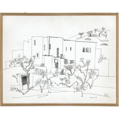 Nerud, Josef Karl . San Augustin, Ibiza (bez.). Tuchzeichnung. 44 x 56 cm. Sign.  Atelierspuren.