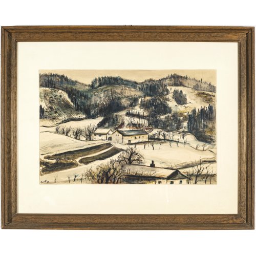 Nerud, Josef Karl. Landschaft mit Gehöft. Mischtechnik/getöntes Papier. 34,8 x 53,6 cm. Sign., dat. 