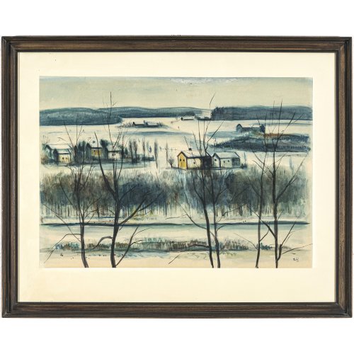 Nerud, Josef Karl . Winterlandschaft mit Gehöft. Mischtechnik/getöntes Papier. 44,3 x 63 cm. Sign., dat. 