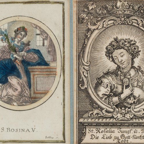 Zwei Andachtsbilder. Hl. Rosa von Lima. Stiche, einer kol. Je ca. 10 x 7 cm.